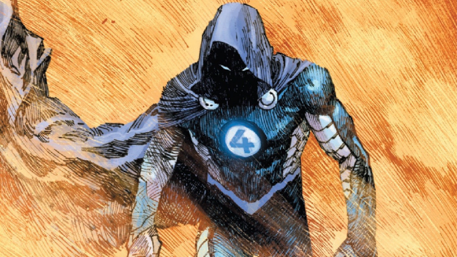 A man in a blue cloak and hood, with a glowing blue '4' on his chest against a flaming background.