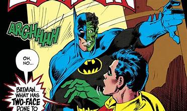 Batman opens a door, looking like Two-Face, with a shocked Robin looking on