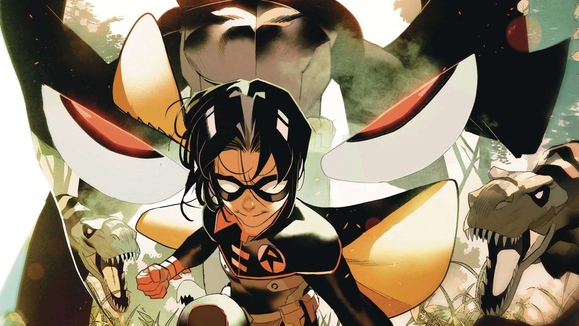 Damian Wayne against images of Bane and Batman